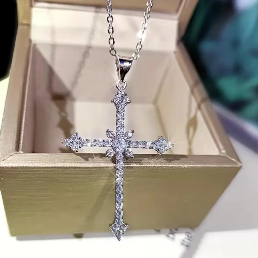 Sparkling Rhinestone Cross Silver Necklace